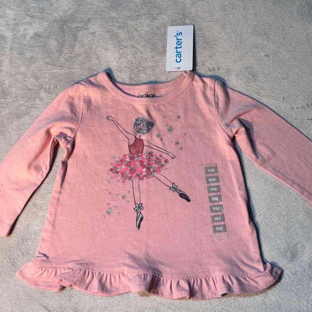 Carters Baby Girls Pink Ballerina Ruffle Hem Long Sleeve Graphic Tee 9M NEW